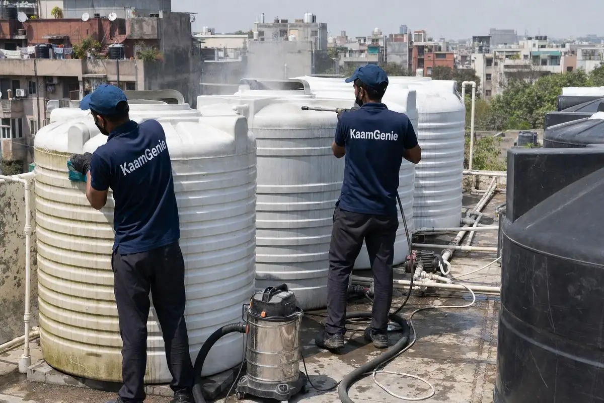 KaamGenie crew cleaning a society water tank in Pushp Vihar, Delhi