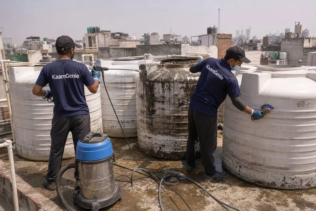 KaamGenie crew cleaning a society water tank in Rajgarh Colony, Delhi