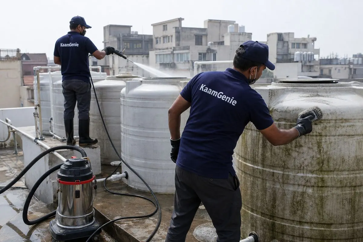 KaamGenie crew cleaning a society water tank in Ramprastha (Delhi side), Delhi