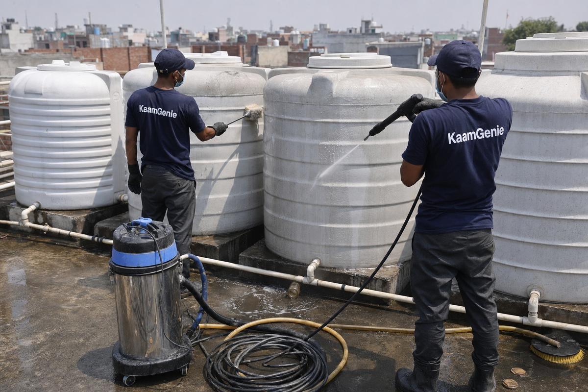 KaamGenie crew cleaning a society water tank in Rangpuri, Delhi