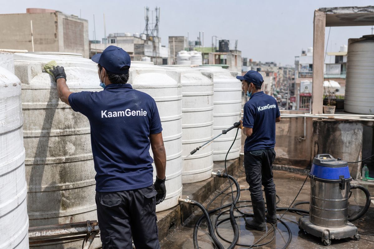 KaamGenie crew cleaning a society water tank in Rani Bagh, Delhi