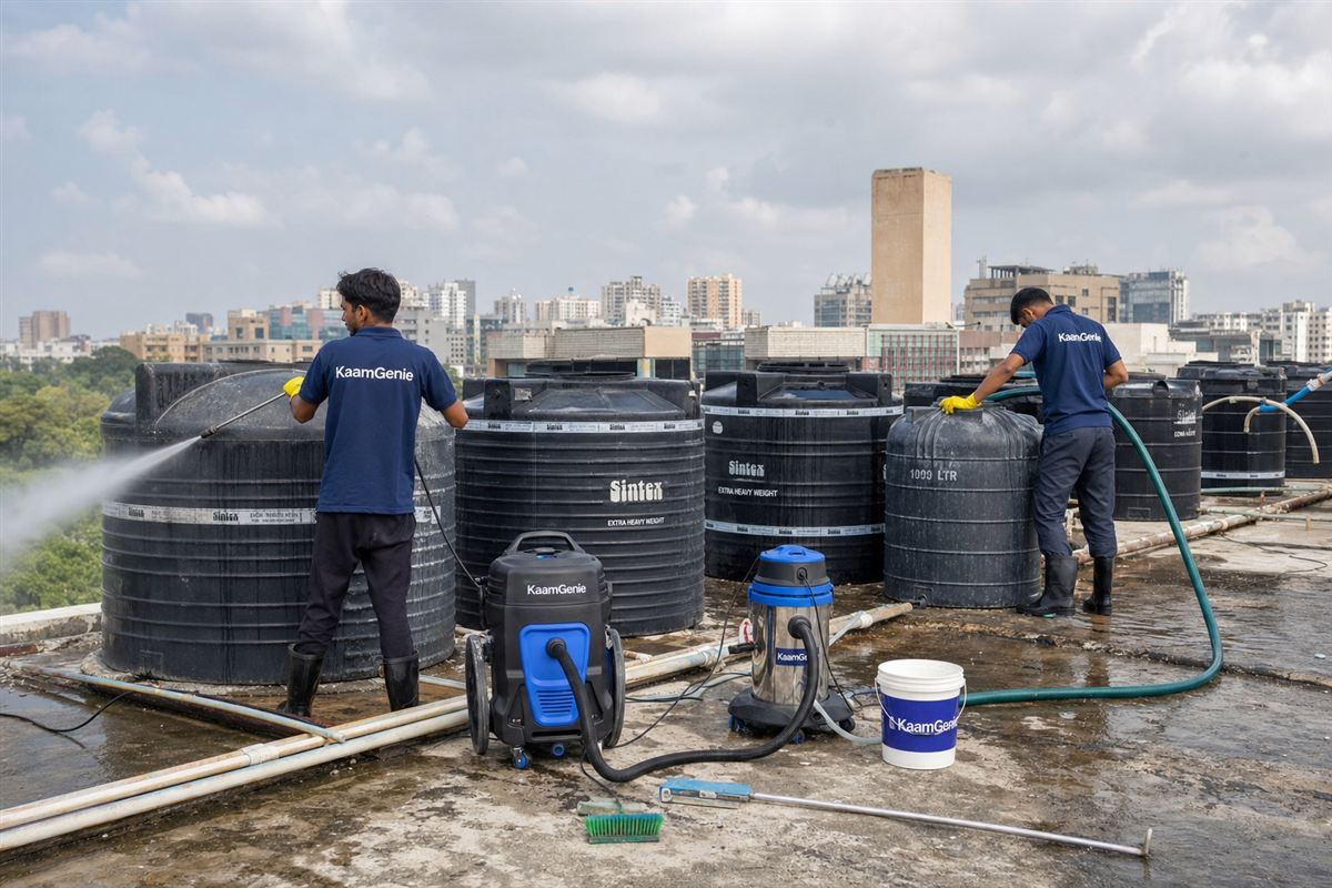 KaamGenie crew cleaning a society water tank in RK Puram, Delhi