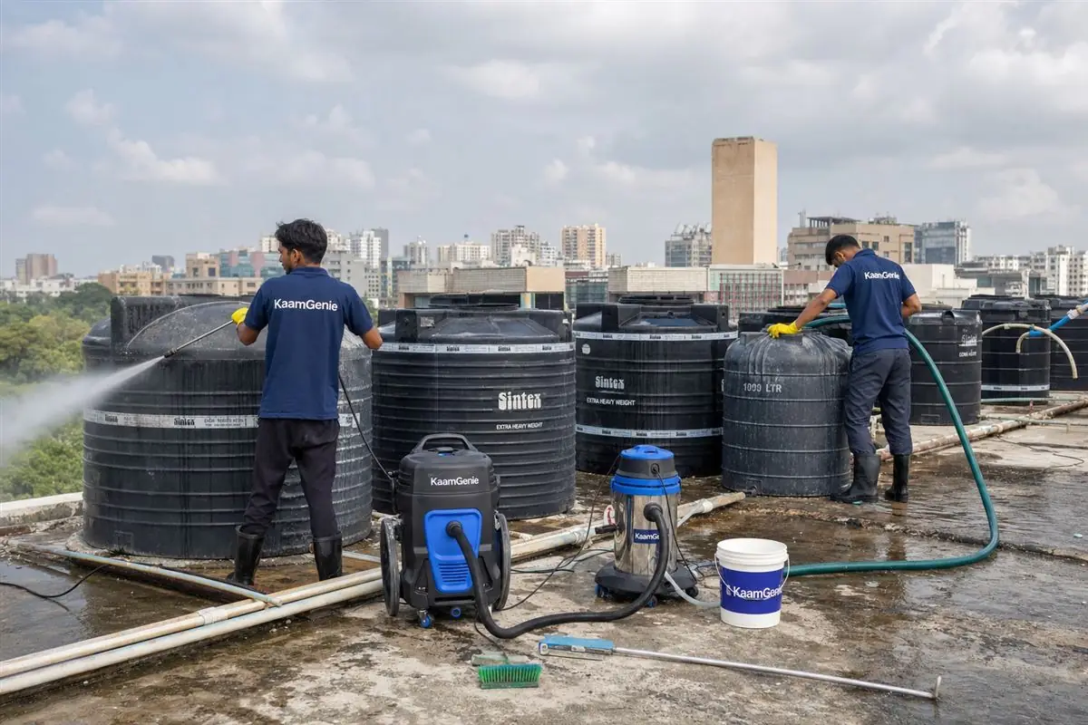 KaamGenie crew cleaning a society water tank in RK Puram, Delhi