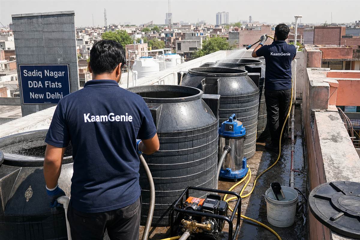 KaamGenie crew cleaning a society water tank in Sadiq Nagar, Delhi