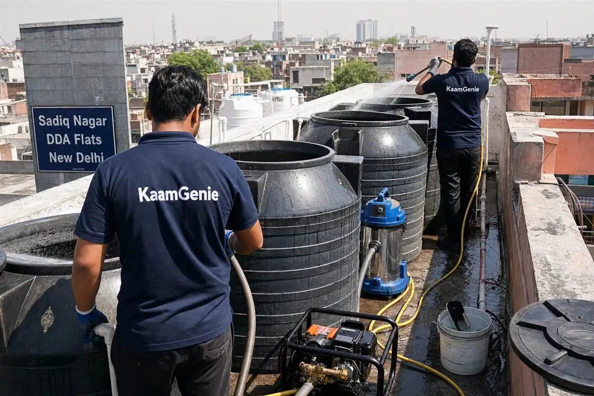 KaamGenie crew cleaning a society water tank in Sadiq Nagar, Delhi