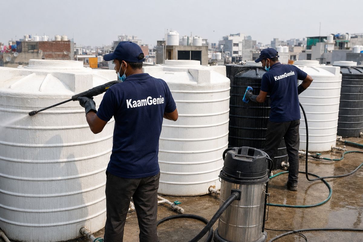 KaamGenie crew cleaning a society water tank in Sagarpur, Delhi