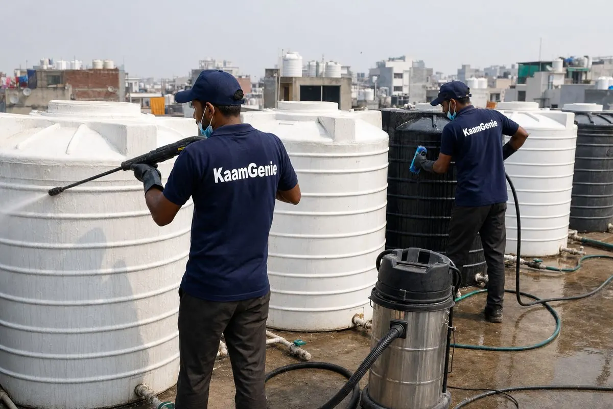 KaamGenie crew cleaning a society water tank in Sagarpur, Delhi