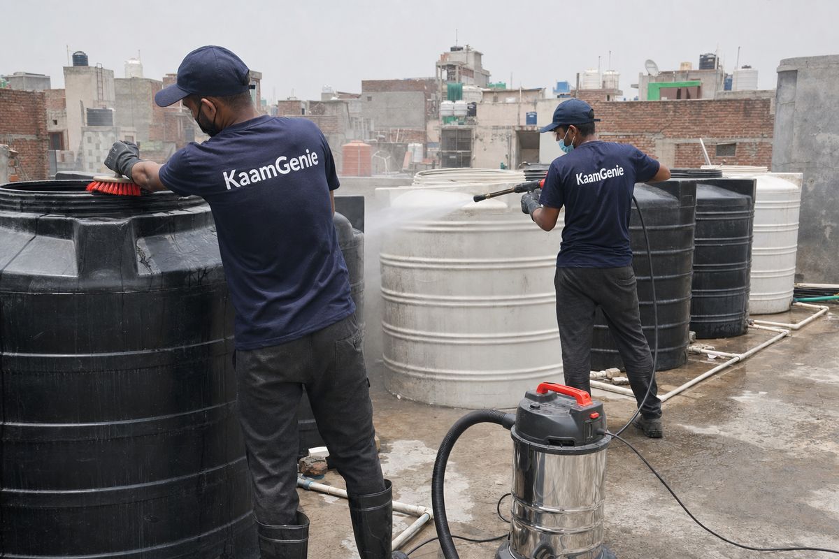 KaamGenie crew cleaning a society water tank in Saidulajab, Delhi