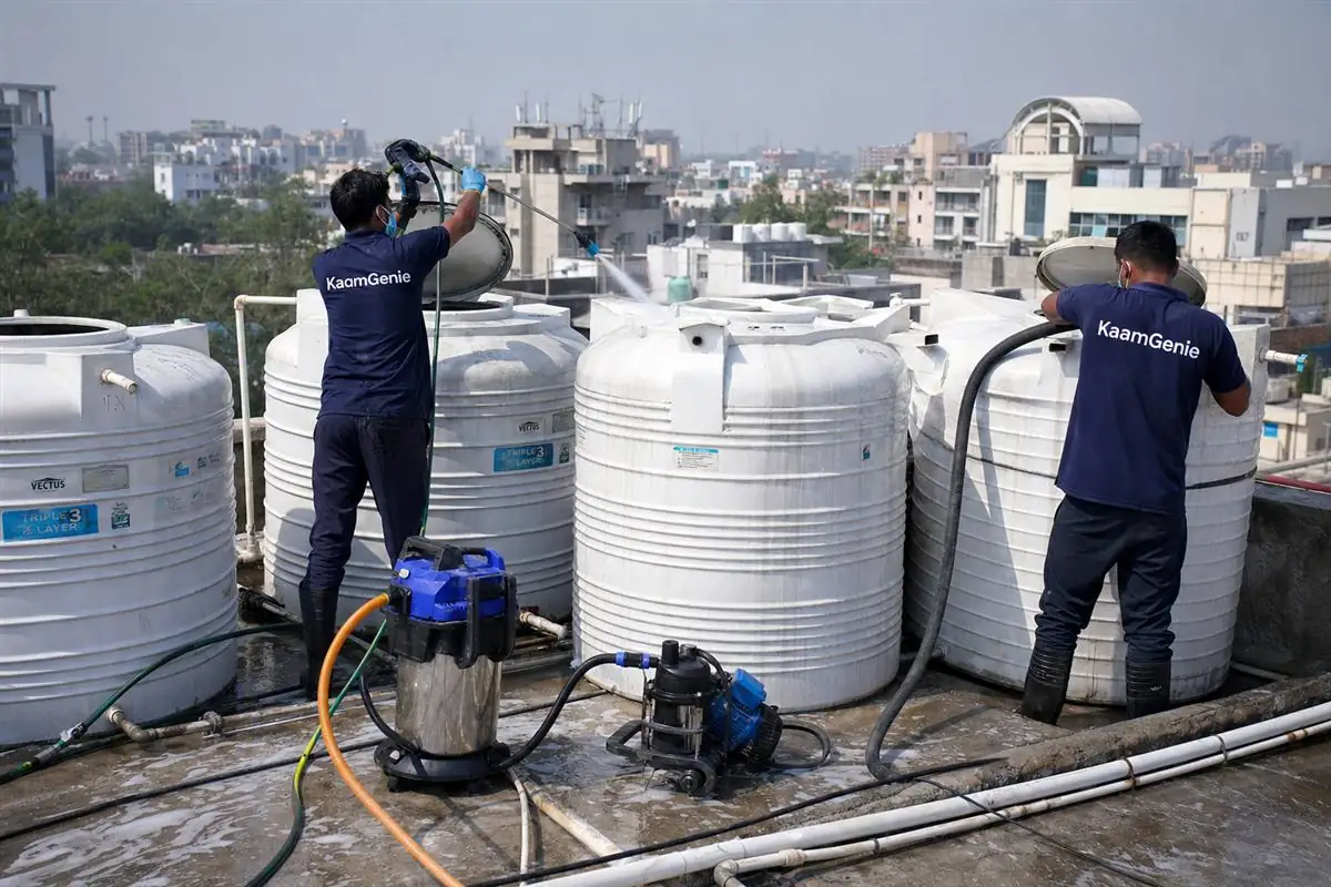 KaamGenie crew cleaning a society water tank in Saket, Delhi