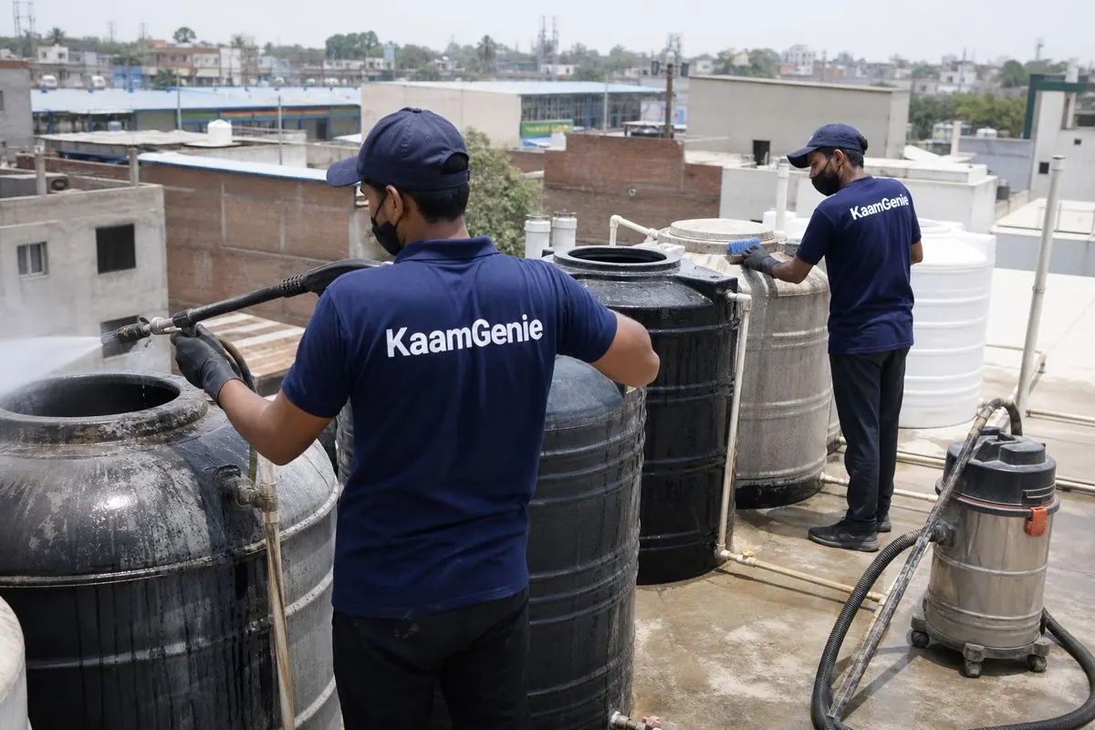 KaamGenie crew cleaning a society water tank in Samaipur, Delhi