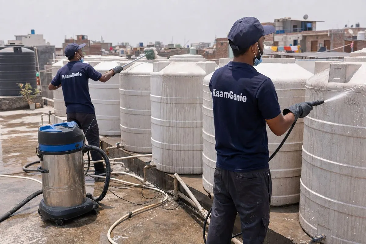 KaamGenie crew cleaning a society water tank in Sangam Vihar Extension, Delhi