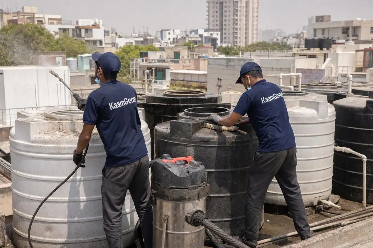 KaamGenie crew cleaning a society water tank in Sant Nagar, Delhi