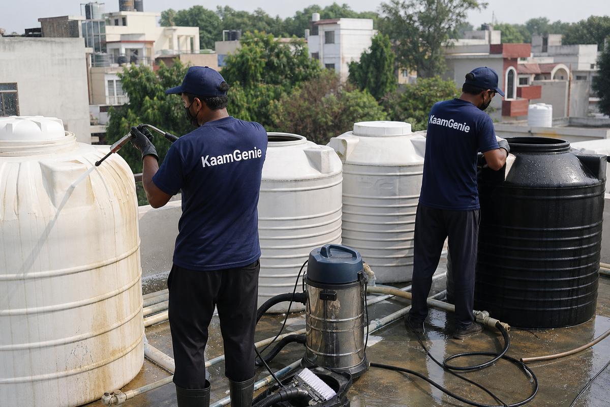KaamGenie crew cleaning a society water tank in Saraswati Vihar, Delhi