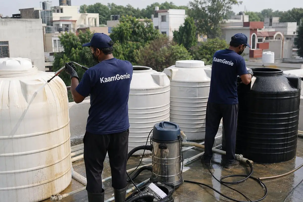 KaamGenie crew cleaning a society water tank in Saraswati Vihar, Delhi