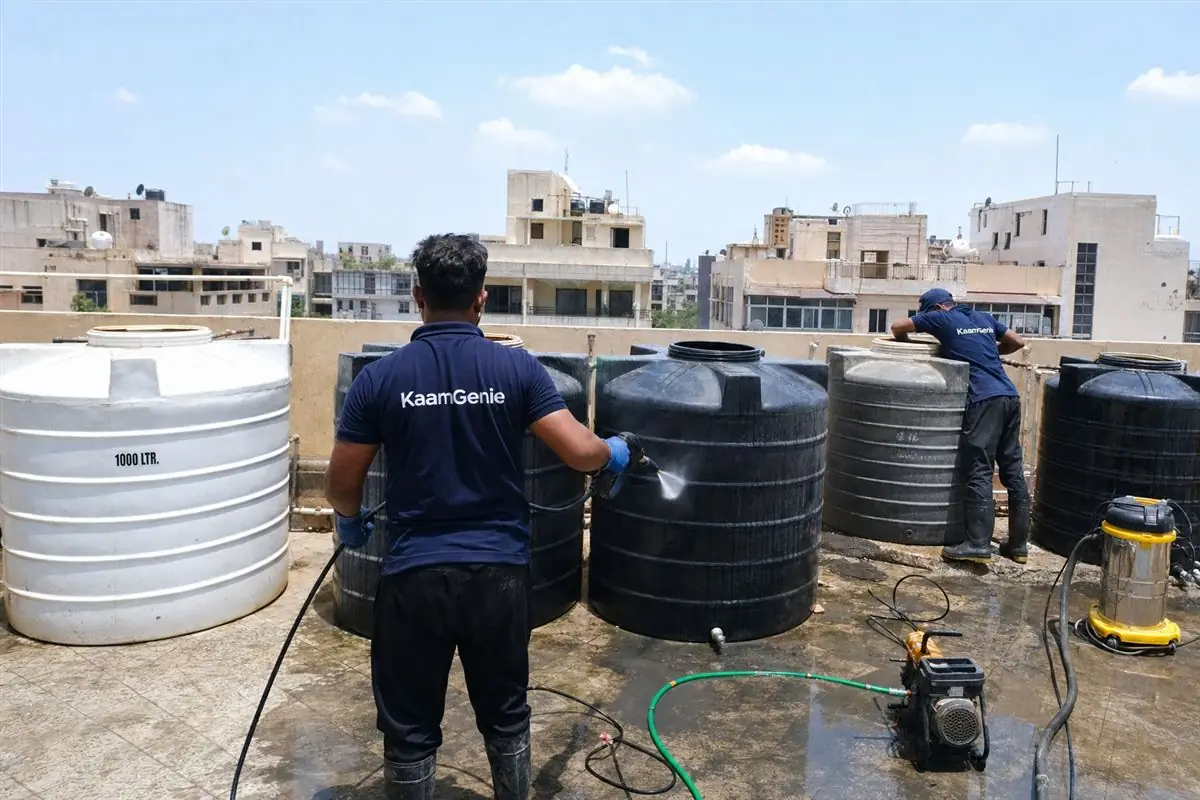 KaamGenie crew cleaning a society water tank in Sarita Vihar, Delhi
