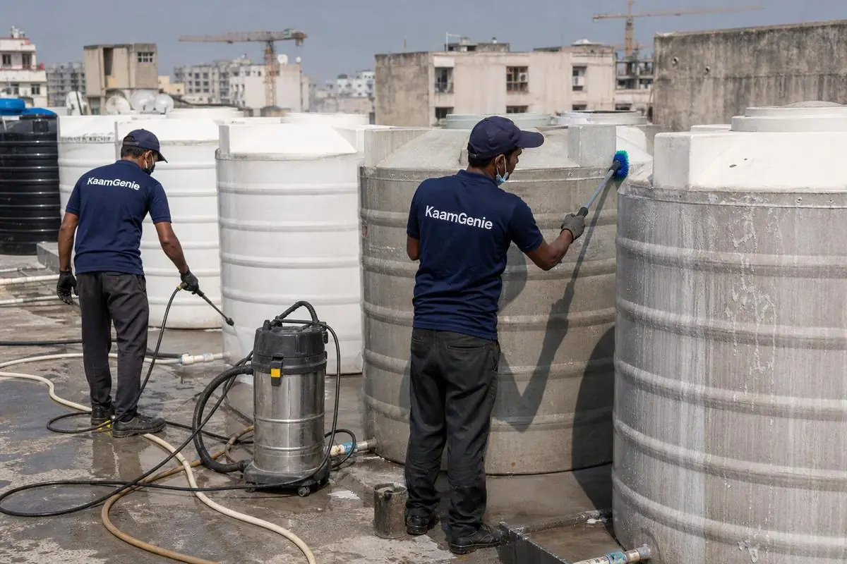 KaamGenie crew cleaning a society water tank in Sarojini Nagar, Delhi