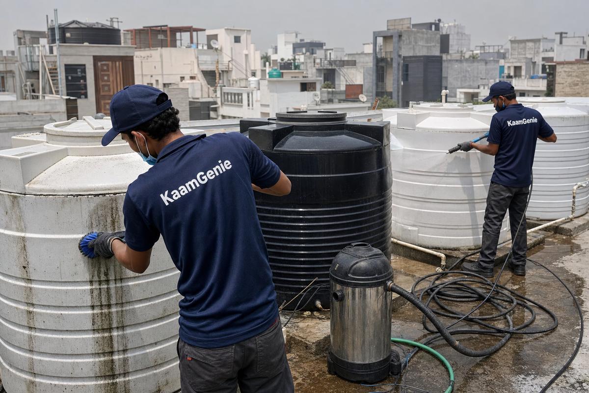 KaamGenie crew cleaning a society water tank in Satbari, Delhi