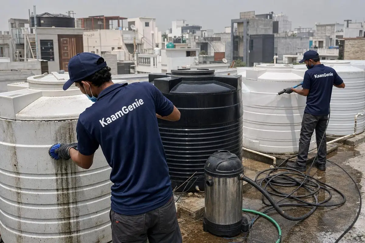 KaamGenie crew cleaning a society water tank in Satbari, Delhi