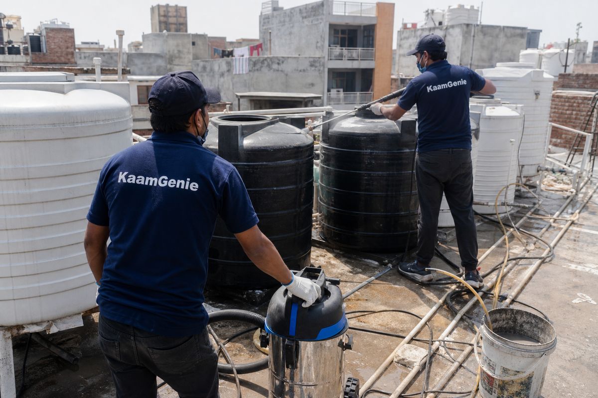 KaamGenie crew cleaning a society water tank in Shakarpur, Delhi