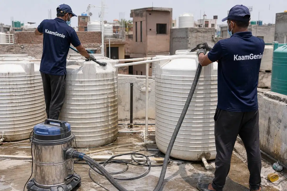 KaamGenie crew cleaning a society water tank in Shastri Nagar (East Delhi), Delhi