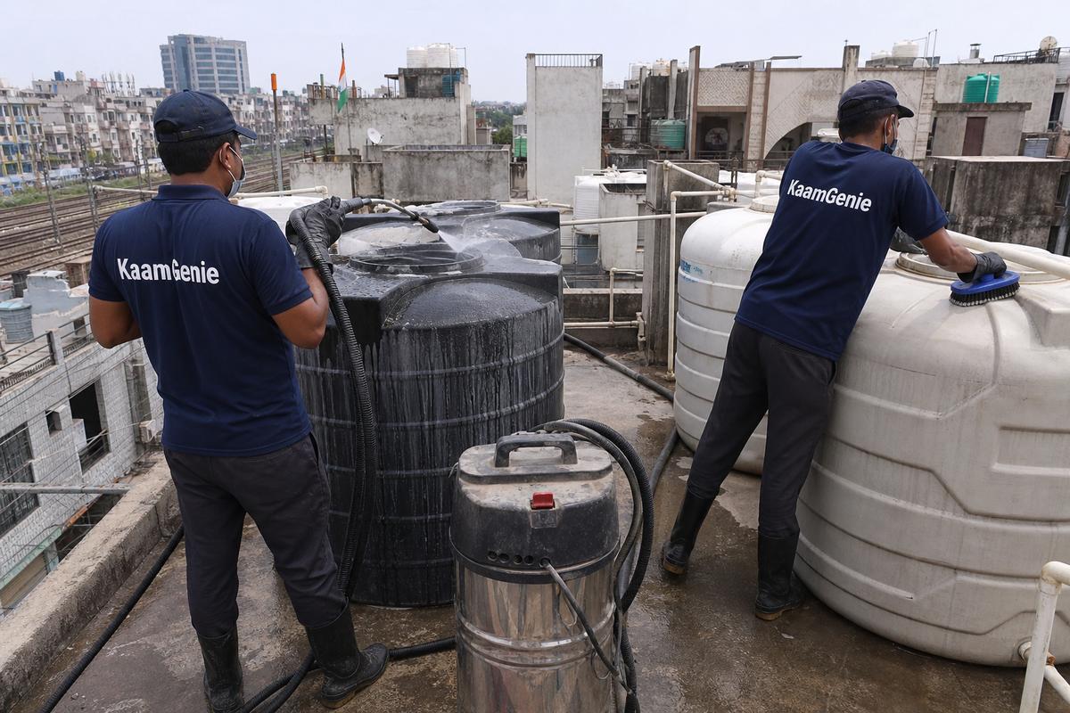 KaamGenie crew cleaning a society water tank in Shastri Nagar (North West), Delhi
