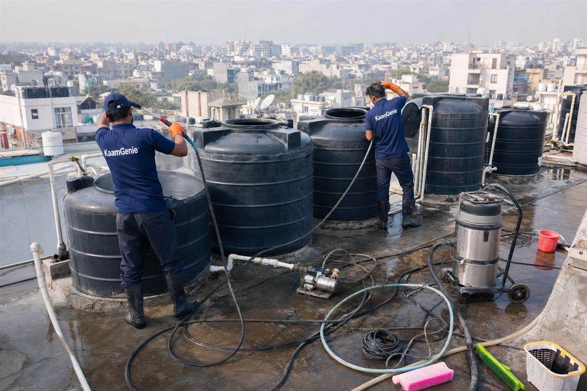 KaamGenie crew cleaning a society water tank in Sheikh Sarai, Delhi