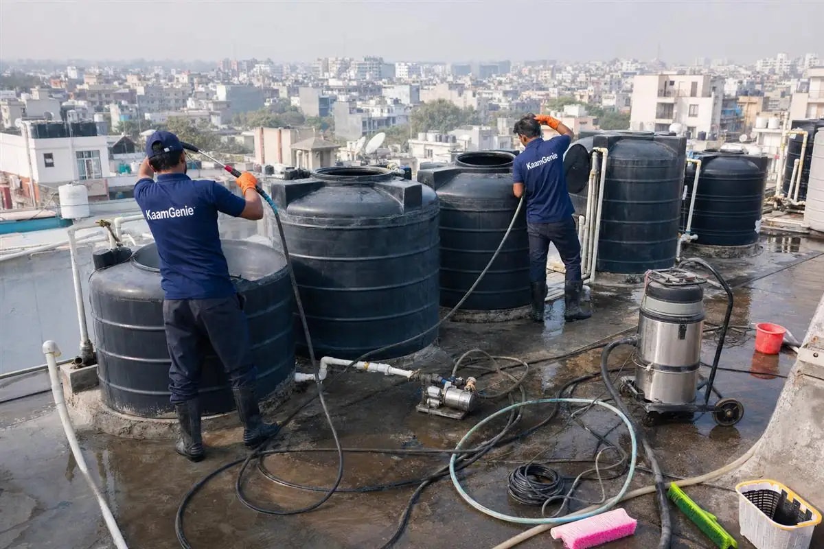 KaamGenie crew cleaning a society water tank in Sheikh Sarai, Delhi