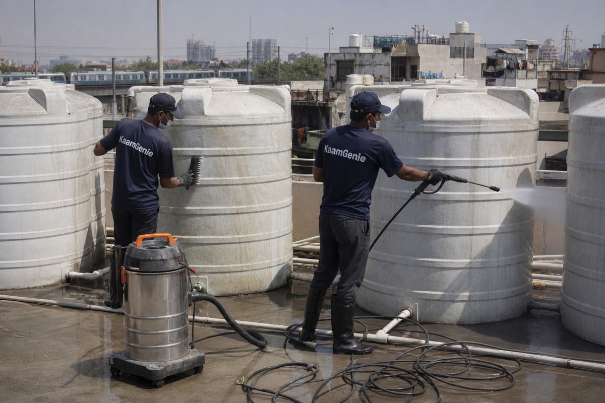 KaamGenie crew cleaning a society water tank in Shivaji Park, Delhi