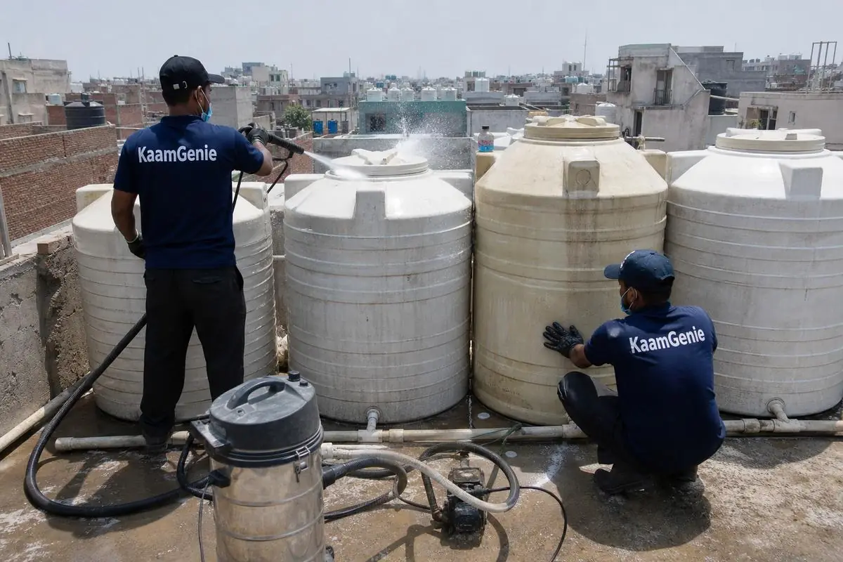 KaamGenie crew cleaning a society water tank in Shriram Colony (Rajeev Nagar), Delhi