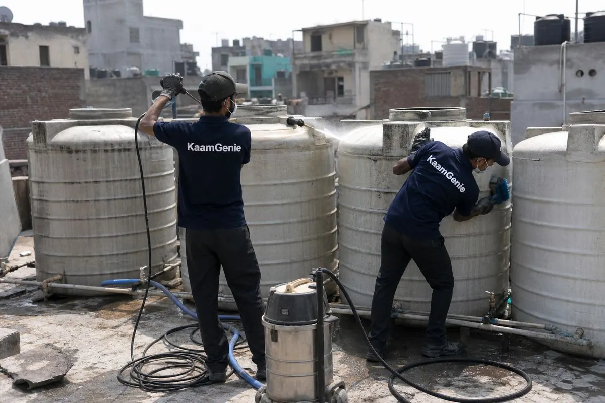 KaamGenie crew cleaning a society water tank in Sitapuri, Delhi