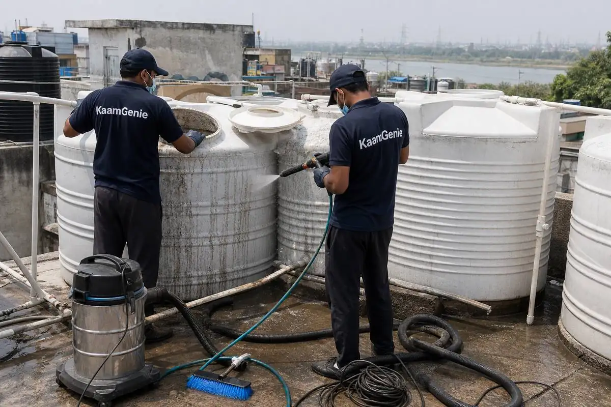 KaamGenie crew cleaning a society water tank in Sonia Vihar, Delhi