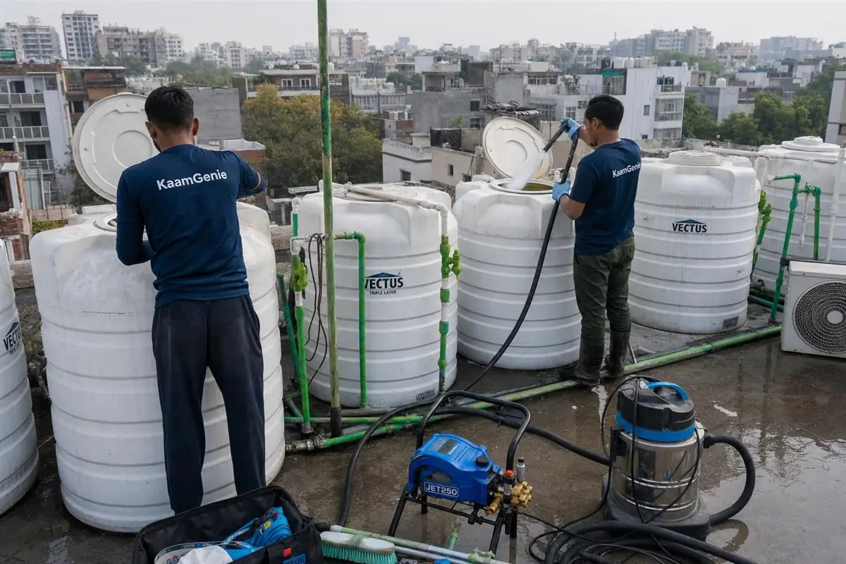 KaamGenie crew cleaning a society water tank in South Extension, Delhi