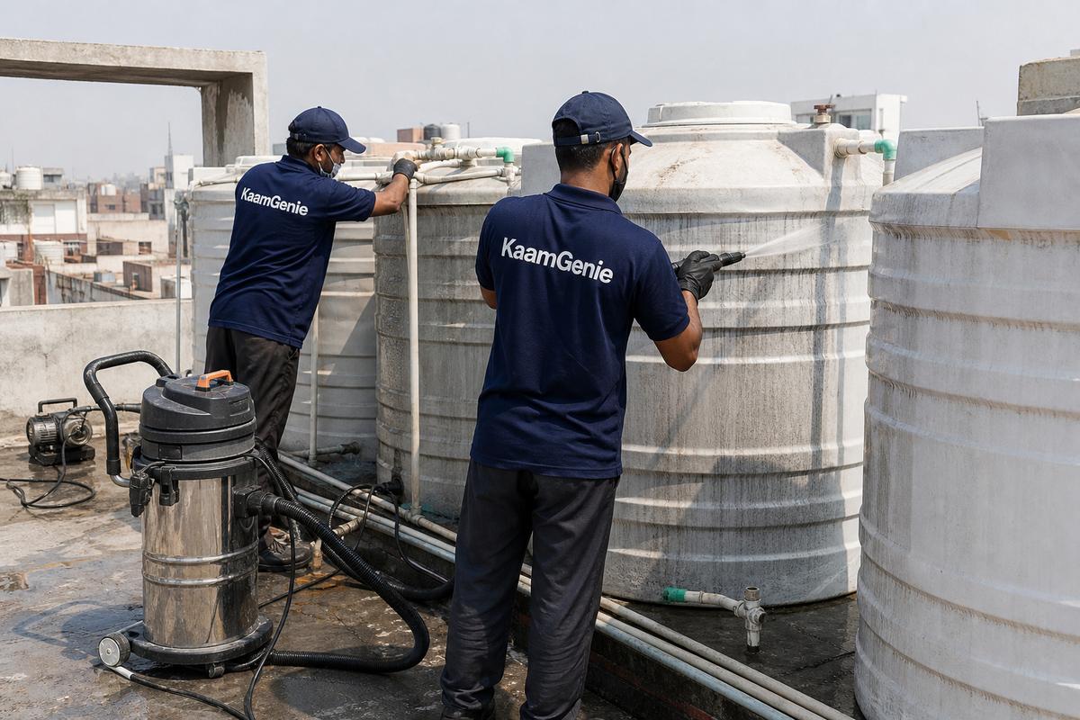 KaamGenie crew cleaning a society water tank in Subhash Nagar, Delhi
