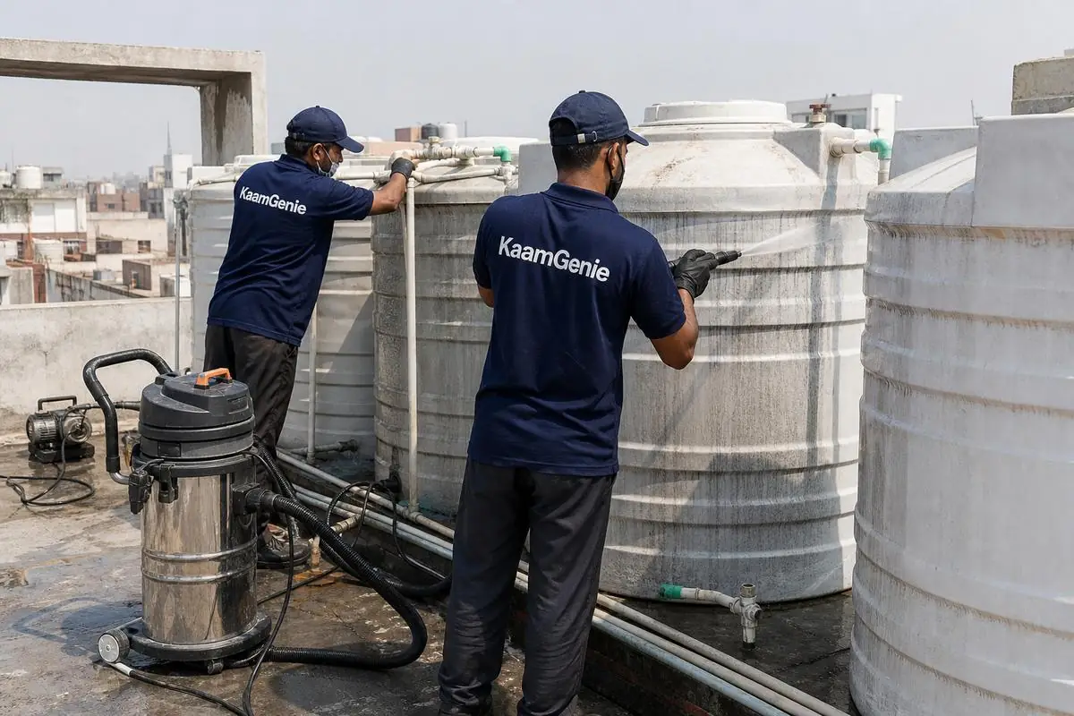 KaamGenie crew cleaning a society water tank in Subhash Nagar, Delhi