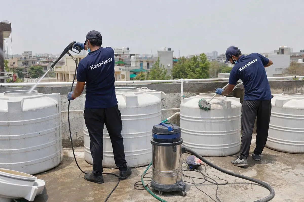 KaamGenie crew cleaning a society water tank in Sultanpur, Delhi
