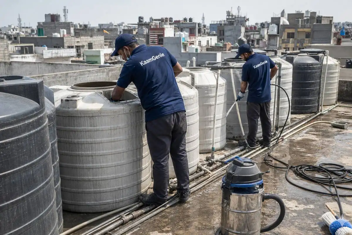 KaamGenie crew cleaning a society water tank in Sunder Nagari, Delhi