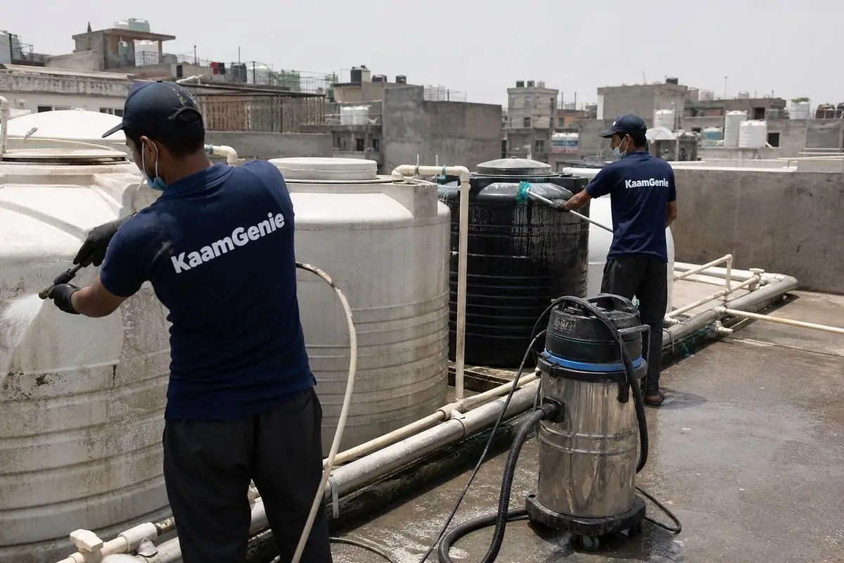 KaamGenie crew cleaning a society water tank in Surajmal Vihar, Delhi