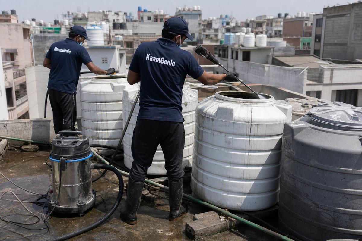 KaamGenie crew cleaning a society water tank in Taimoor Nagar, Delhi