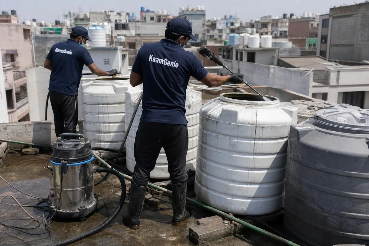 KaamGenie crew cleaning a society water tank in Taimoor Nagar, Delhi