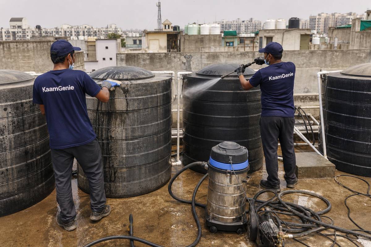 KaamGenie crew cleaning a society water tank in Tara Apartments, Delhi