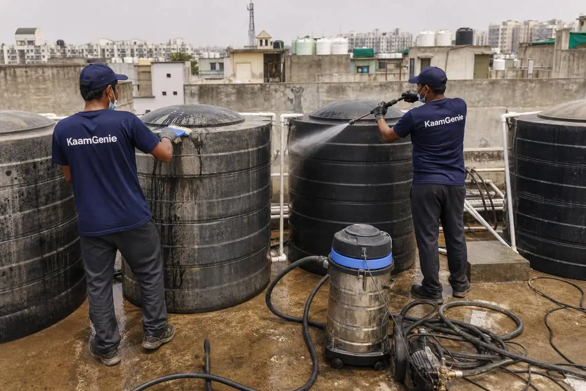 KaamGenie crew cleaning a society water tank in Tara Apartments, Delhi