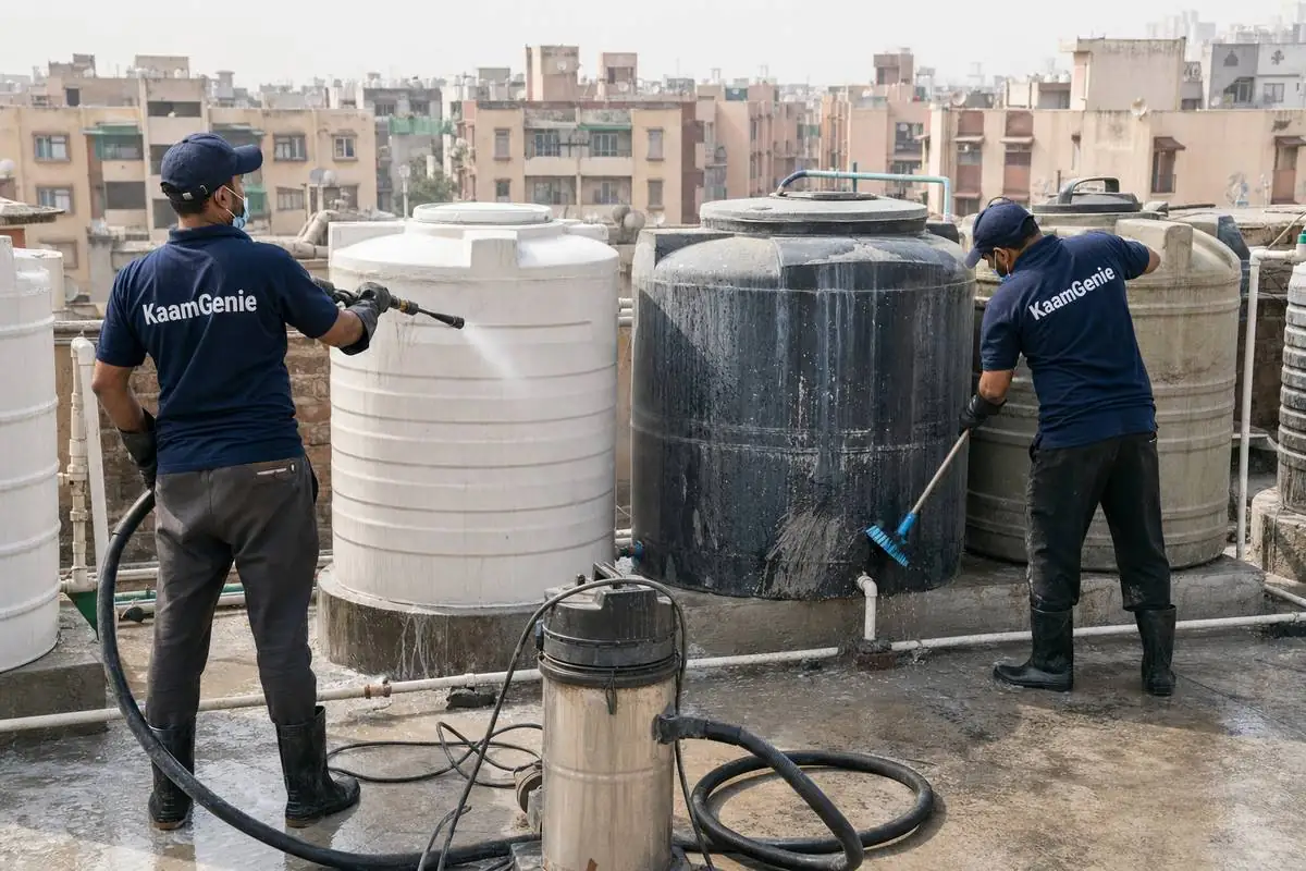 KaamGenie crew cleaning a society water tank in Tigri, Delhi
