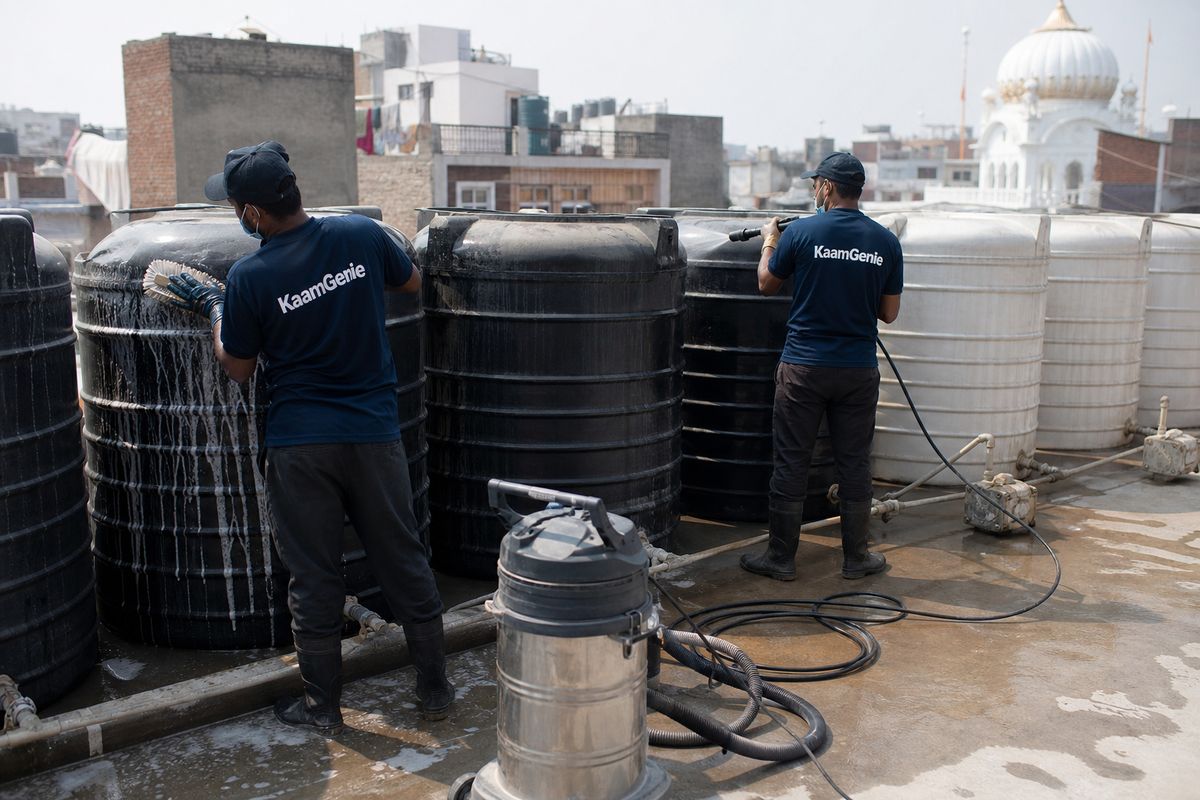 KaamGenie crew cleaning a society water tank in Tilak Nagar, Delhi