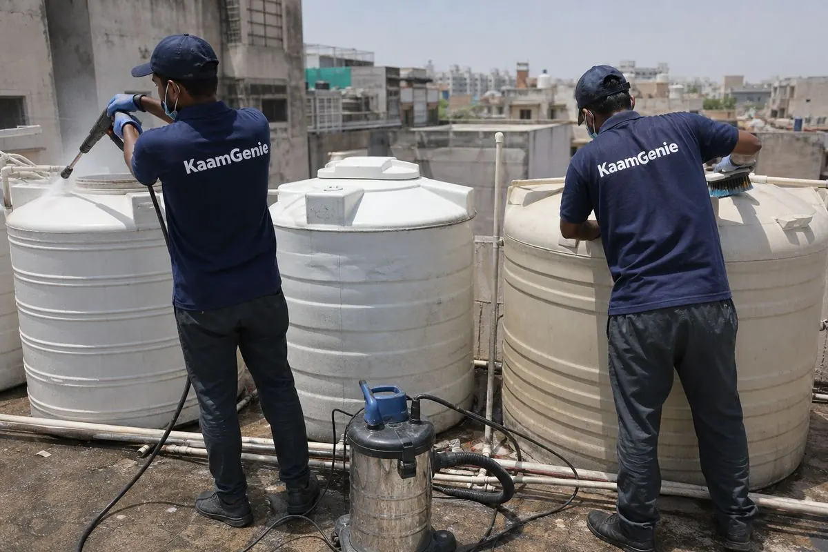 KaamGenie crew cleaning a society water tank in Timarpur, Delhi
