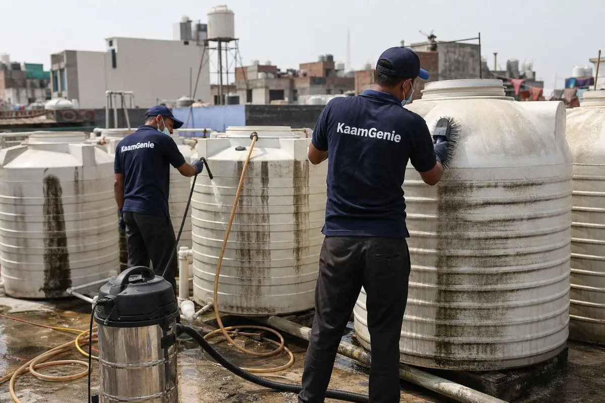 KaamGenie crew cleaning a society water tank in Trilok Puri, Delhi