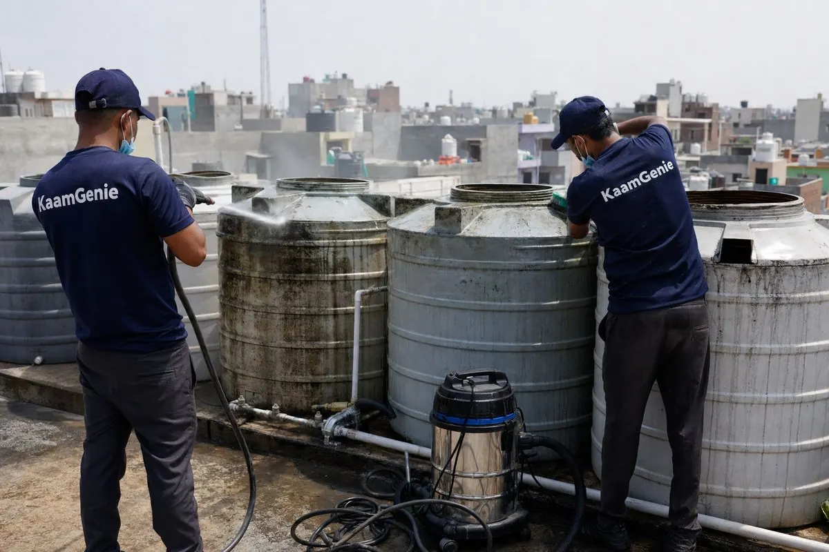KaamGenie crew cleaning a society water tank in Tughlakabad, Delhi