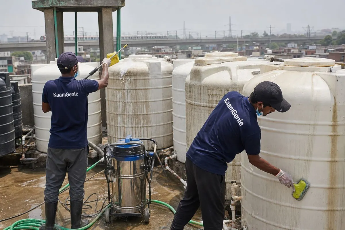 KaamGenie crew cleaning a society water tank in Uttam Nagar, Delhi