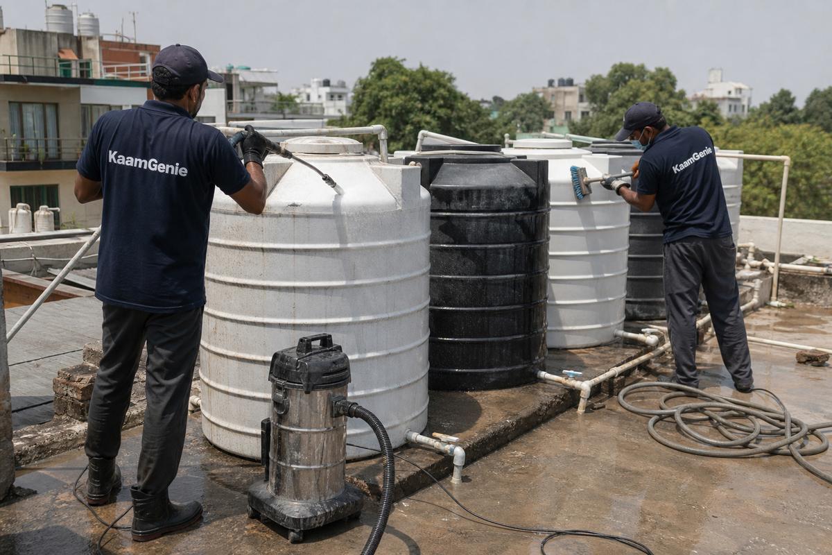 KaamGenie crew cleaning a society water tank in Vasant Gaon, Delhi