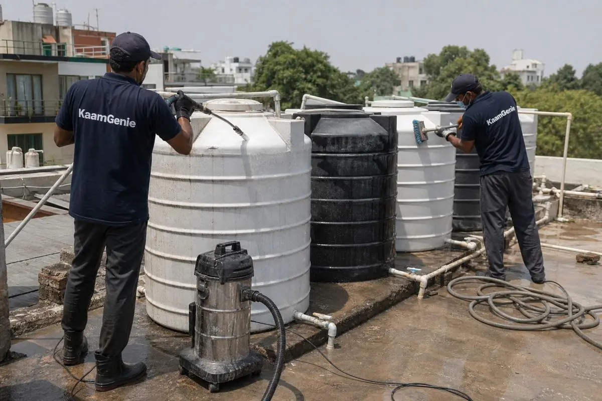 KaamGenie crew cleaning a society water tank in Vasant Gaon, Delhi