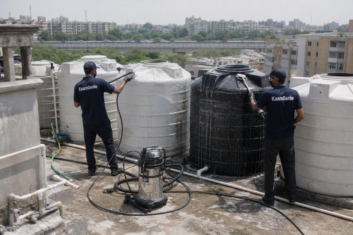 KaamGenie crew cleaning a society water tank in Vikaspuri, Delhi